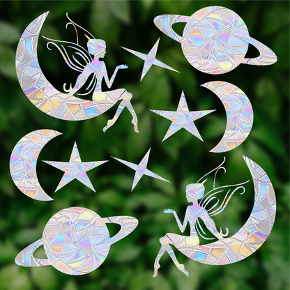 Shawula 30PCS Fairy Star Moon Window Clings - Anti-Collision Window Decals to Save Birds from Window Collisions,Non Adhesive Prismatic Vinyl Window Clings, Rainbow Stickers (Rainbow 30PCS Fairy Star Moon Window)