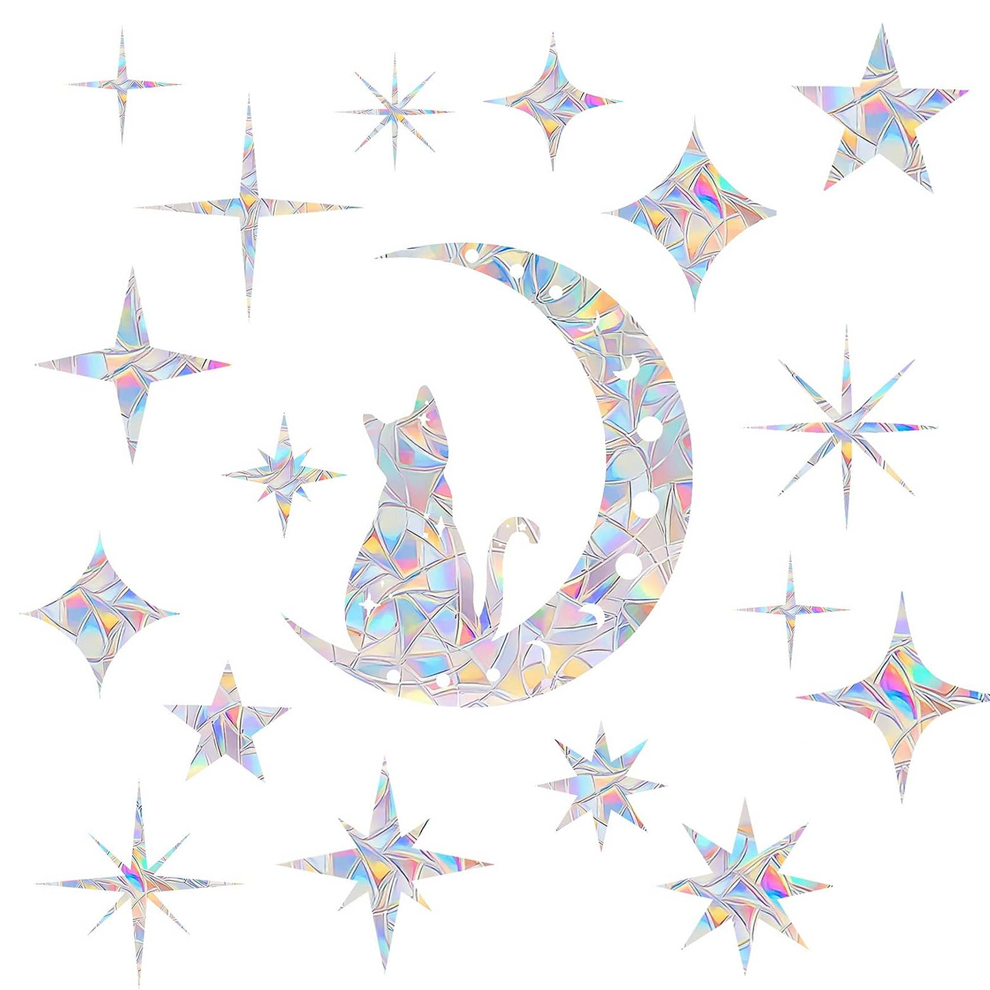 Cat Moon and 54PCS Star Window Clings - Anti-Collision Decals to Save Birds, Non-Adhesive Prismatic Vinyl Clings (Rainbow Stickers)