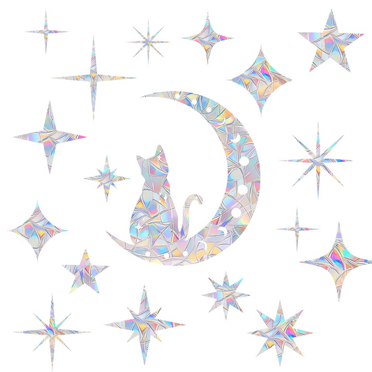 Cat Moon and 54PCS Star Window Clings - Anti-Collision Decals to Save Birds, Non-Adhesive Prismatic Vinyl Clings (Rainbow Stickers)