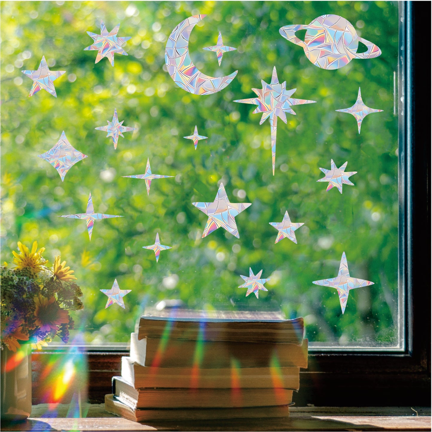 75PCS Starry Sky Window Clings Anti Collision Window Decals to Save Birds from Collisions Non Adhesive Prismatic Vinyl Rainbow Stickers