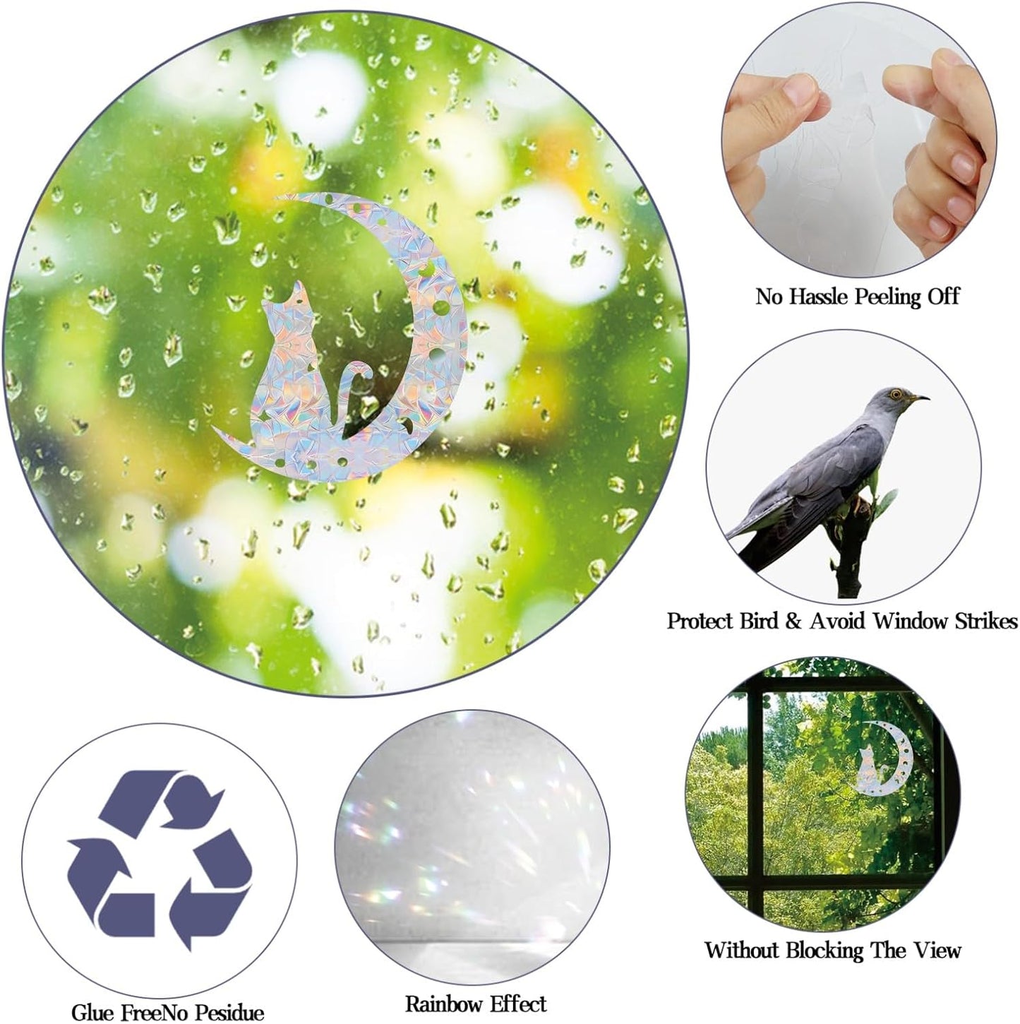 Cat Moon and 54PCS Star Window Clings - Anti-Collision Decals to Save Birds, Non-Adhesive Prismatic Vinyl Clings (Rainbow Stickers)