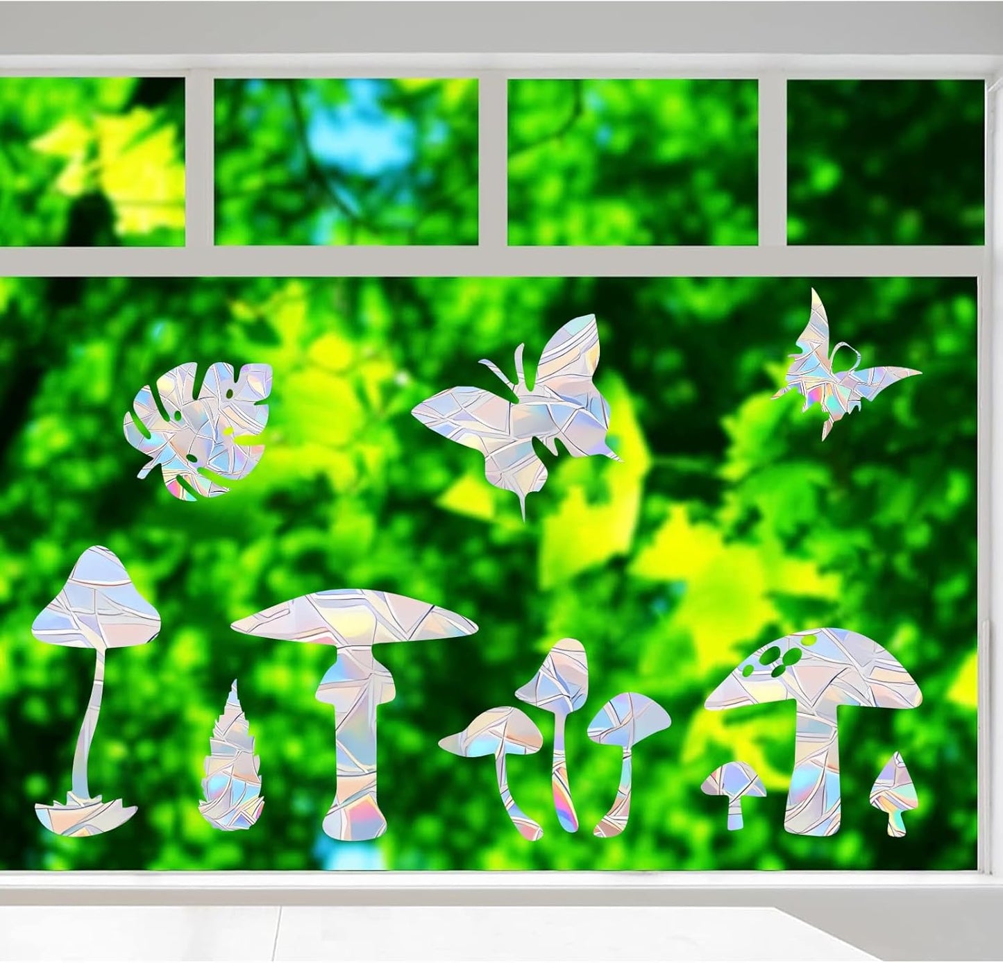 44PCS Mushroom & 3 Leaf Window Clings - Anti-Collision Decals to Save Birds, Non-Adhesive Prismatic Vinyl, Rainbow Stickers (Rainbow 44 Pieces)