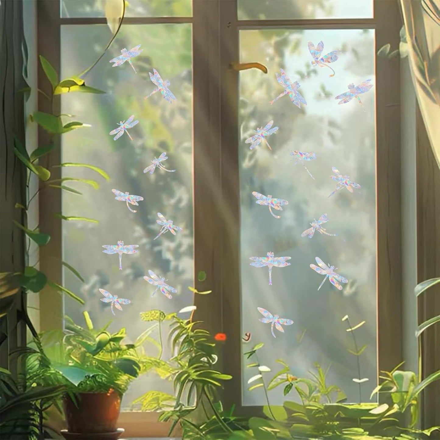33PCS Dragonfly Window Decals for Bird Strikes - Anti-Collision Window Decals to Save Birds from Collisions,Non Adhesive Reusable Vinyl (Rainbow Stickers)