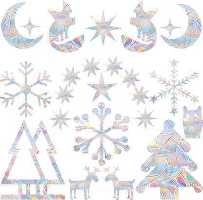 Shawula 60PCS Christmas Snowflake Window Clings - Anti-Collision Window Decals to Save Birds from Window Collisions,Non Adhesive Prismatic Vinyl Window Clings, Rainbow Stickers