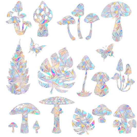 44PCS Mushroom & 3 Leaf Window Clings - Anti-Collision Decals to Save Birds, Non-Adhesive Prismatic Vinyl, Rainbow Stickers (Rainbow 44 Pieces)