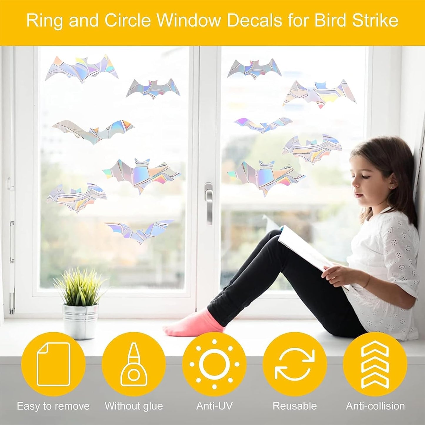 45PCS Bat Window Clings - Anti-Collision Decals to Save Birds From Collisions, Non-Adhesive Prismatic Vinyl Clings (Bat)