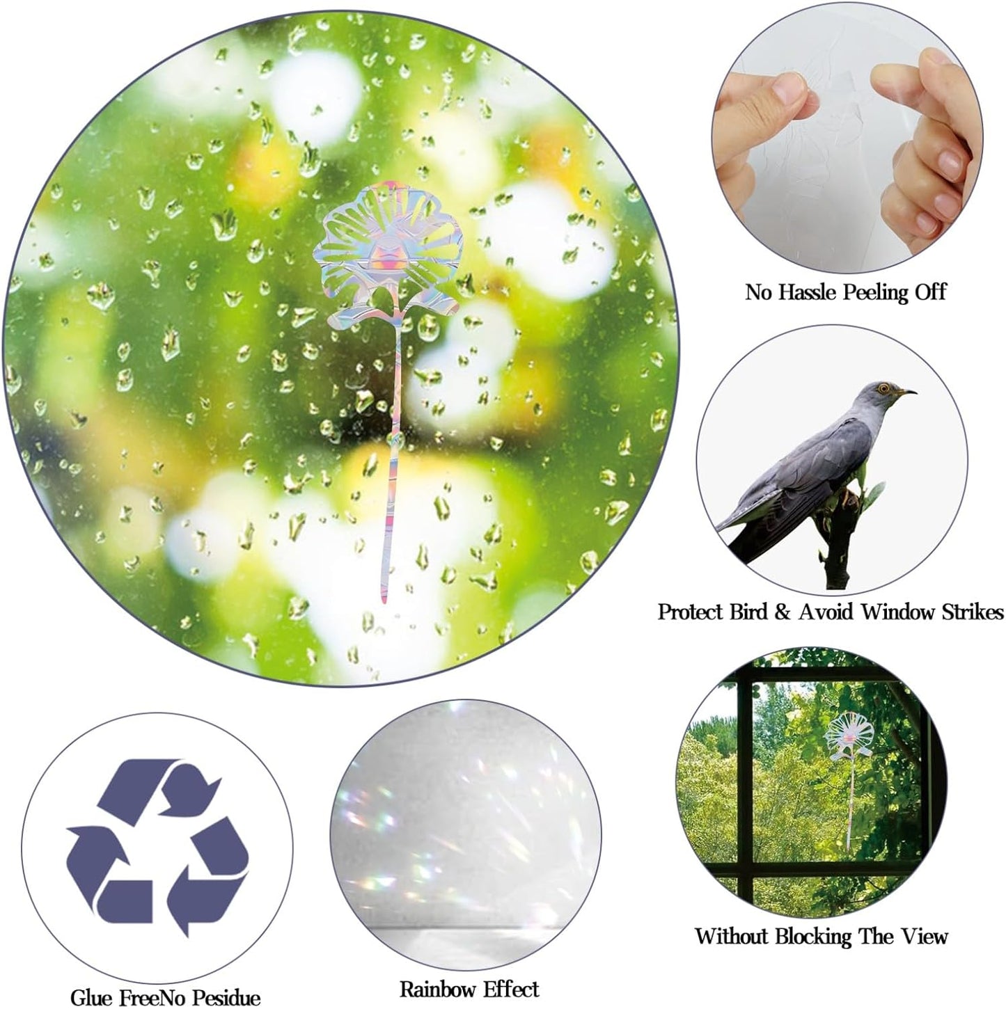 30PCS Flower Window Clings - Anti-Collision Decals to Save Birds from Collisions,Non Adhesive Prismatic Vinyl Window Clings, Rainbow Stickers