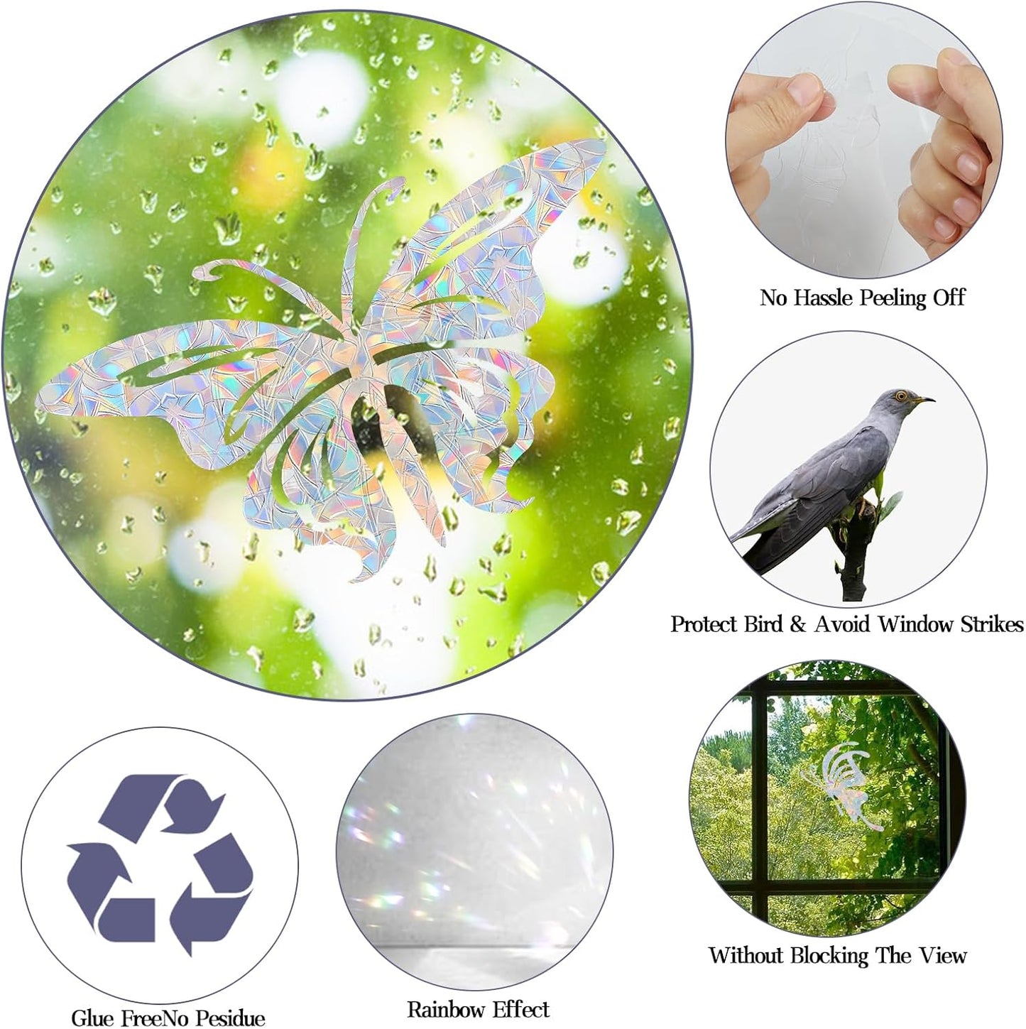 36PCS Butterfly Window Clings - Anti-Collision Window Decals to Save Birds from Window Collisions,Non Adhesive Prismatic Vinyl Window Clings, Rainbow Stickers