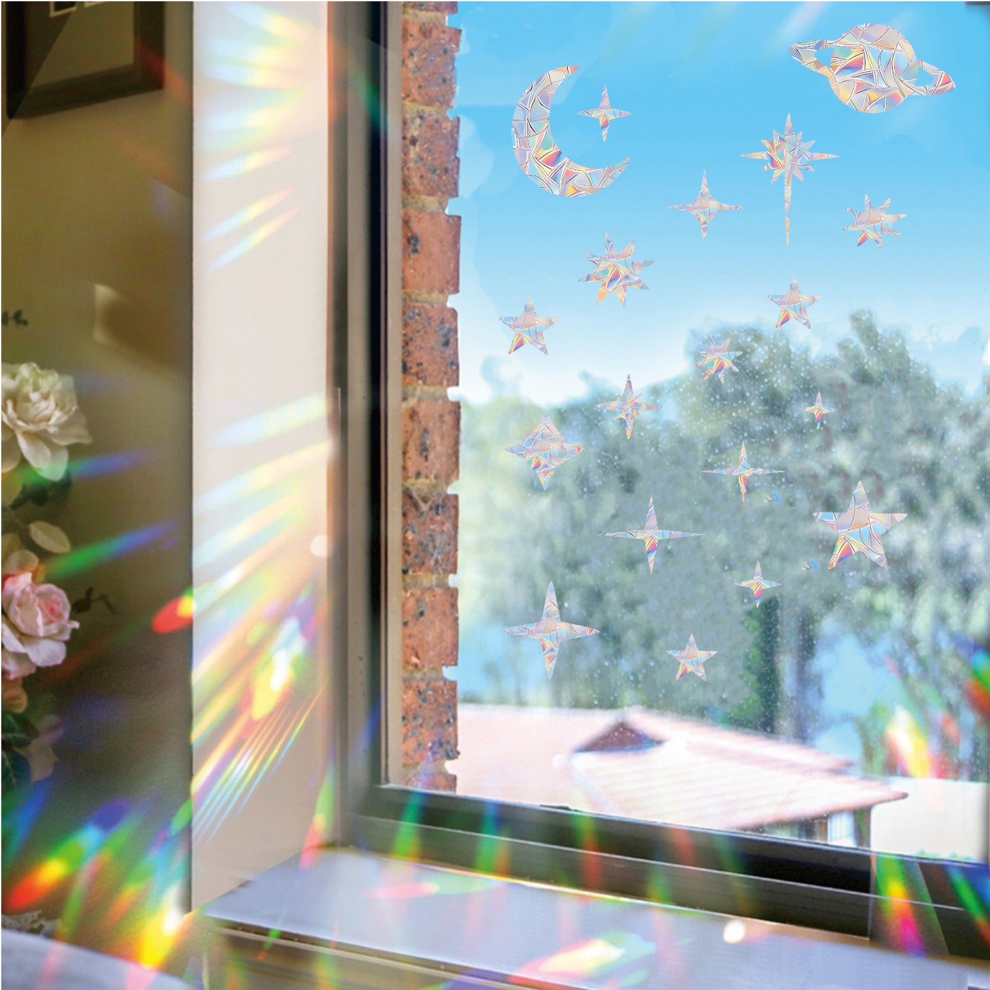 75PCS Starry Sky Window Clings Anti Collision Window Decals to Save Birds from Collisions Non Adhesive Prismatic Vinyl Rainbow Stickers