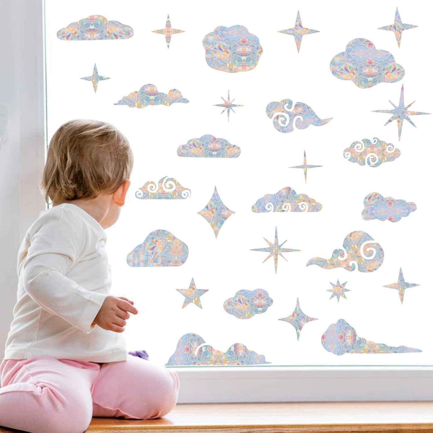 62PCS Cloud and Star Window Decals for Bird Strikes - Anti-Collision Clings to Save Birds from Collisions,Non Adhesive Prismatic Clings, Rainbow Stickers