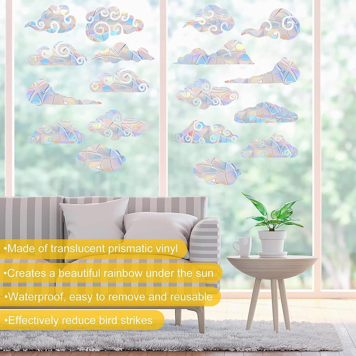 54PCS Cloud Window Clings - Anti-Collision Decals to Save Birds, Non-Adhesive Prismatic Vinyl