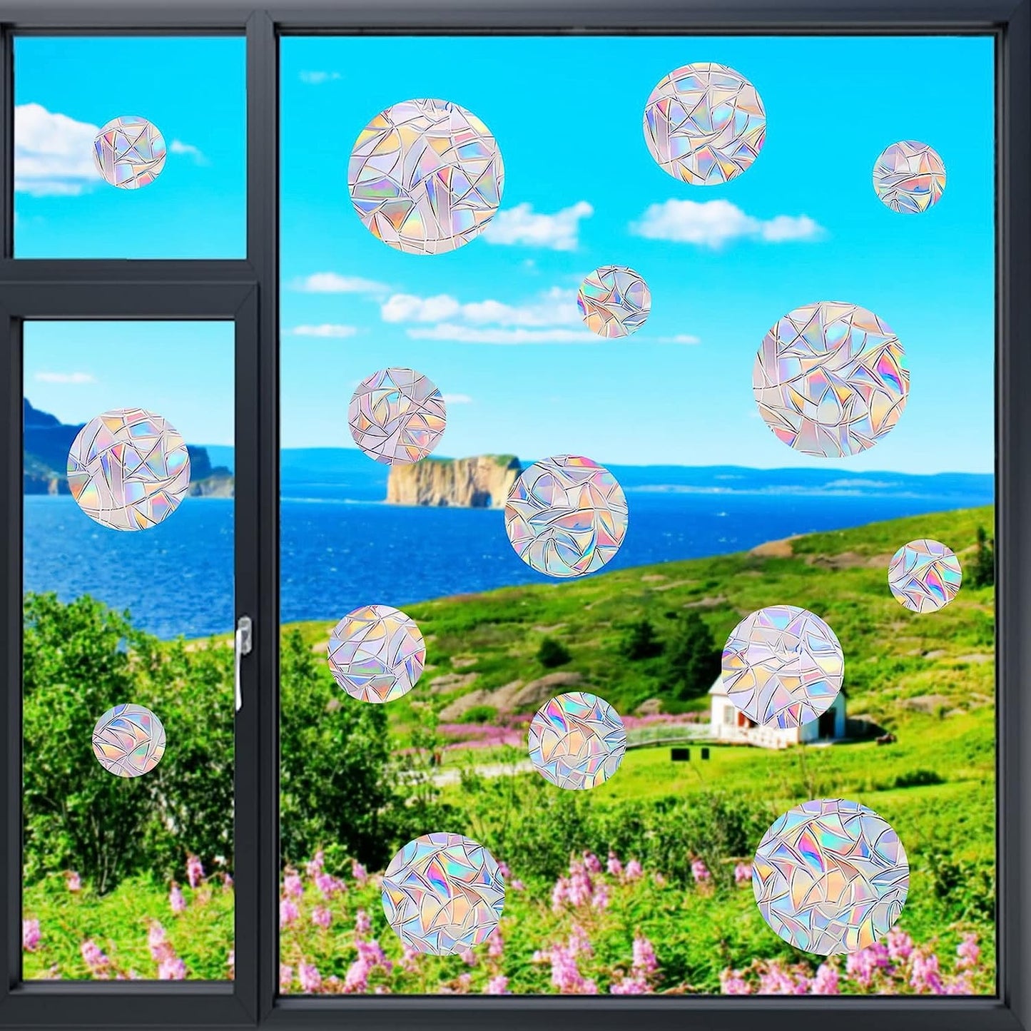 36PCS Circle Window Clings - Anti-Collision Window Decals to Save Birds from Window Collisions,Non Adhesive Prismatic Vinyl Window Clings, Rainbow Stickers