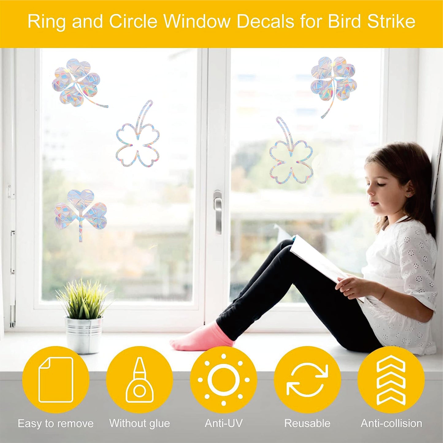 Shawula 42PCS Lucky Grass Window Clings Anti Collision Window Decals to Save Birds from Window Collisions Non Adhesive Prismatic Vinyl Window Clings Rainbow Stickers