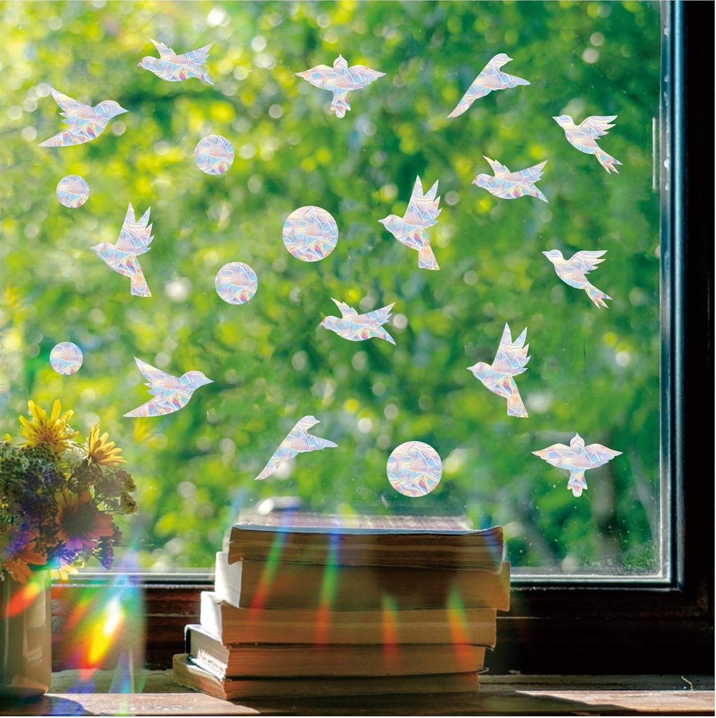 51Pcs Birds Window Stickers Prevent Birds from Hitting Windows, Rainbow Sun Catcher Stickers No Glue Required, Non-Adhesive Reusable Vinyl Rainbow Stickers