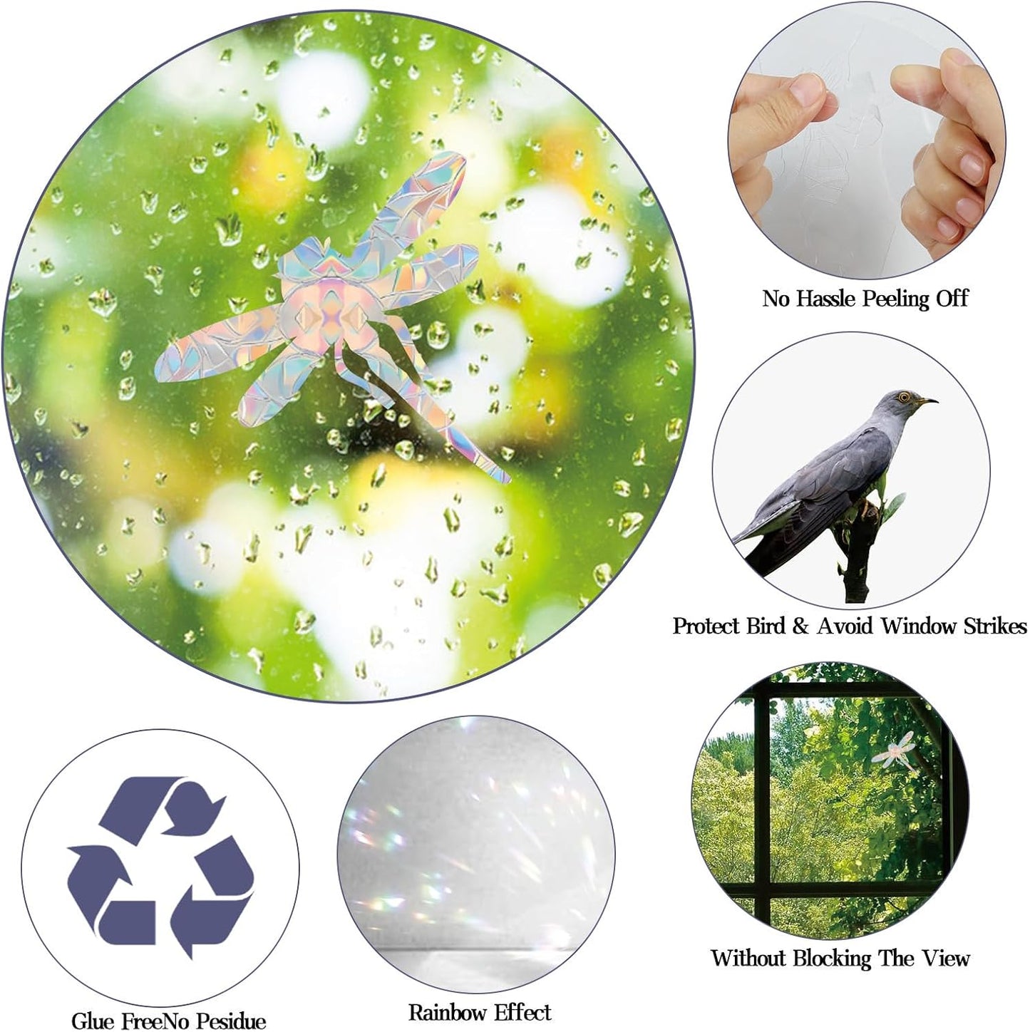 33PCS Dragonfly Window Decals for Bird Strikes - Anti-Collision Window Decals to Save Birds from Collisions,Non Adhesive Reusable Vinyl (Rainbow Stickers)