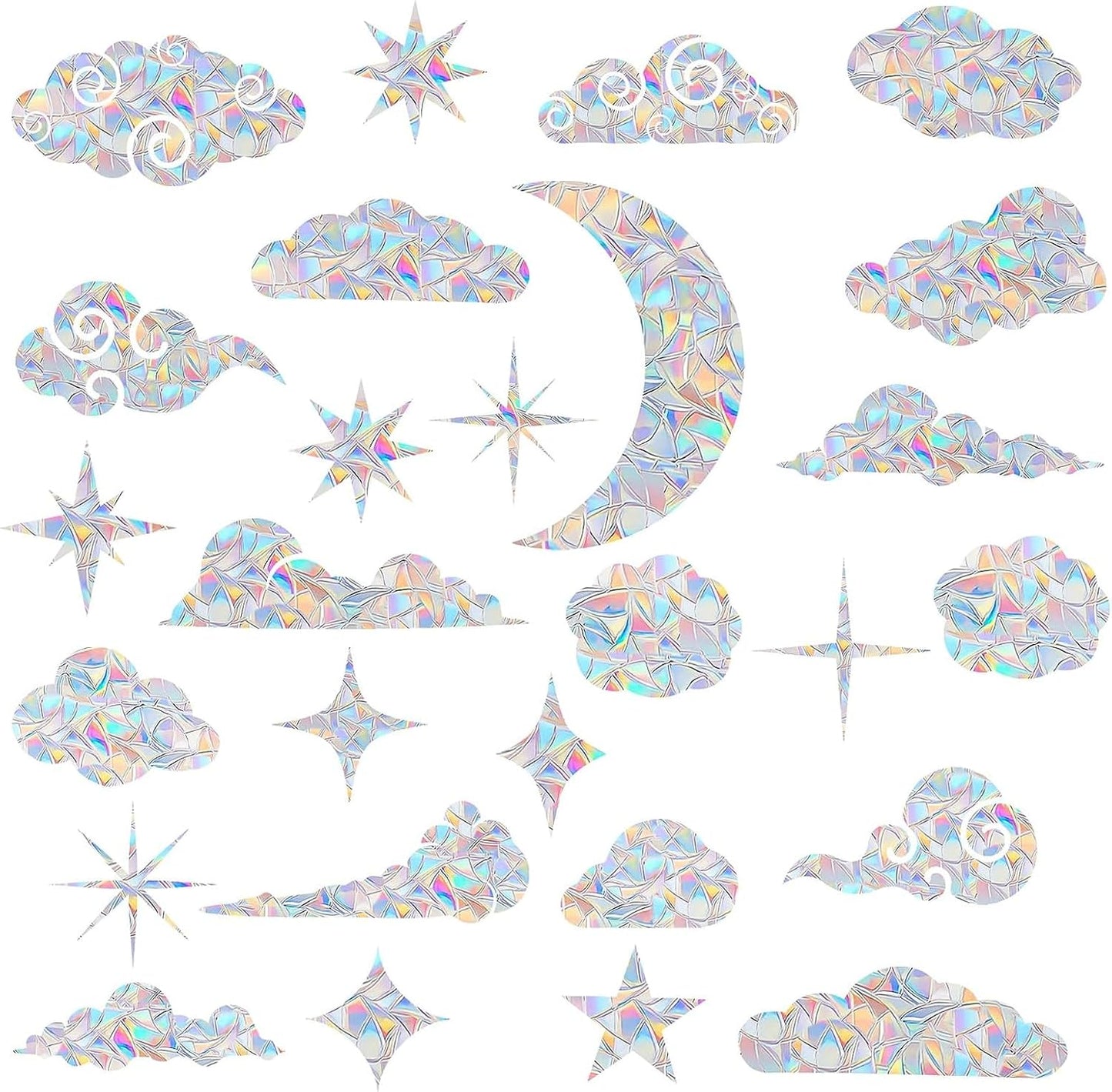 62PCS Cloud and Star Window Decals for Bird Strikes - Anti-Collision Clings to Save Birds from Collisions,Non Adhesive Prismatic Clings, Rainbow Stickers
