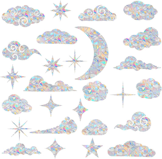 62PCS Cloud and Star Window Decals for Bird Strikes - Anti-Collision Clings to Save Birds from Collisions,Non Adhesive Prismatic Clings, Rainbow Stickers