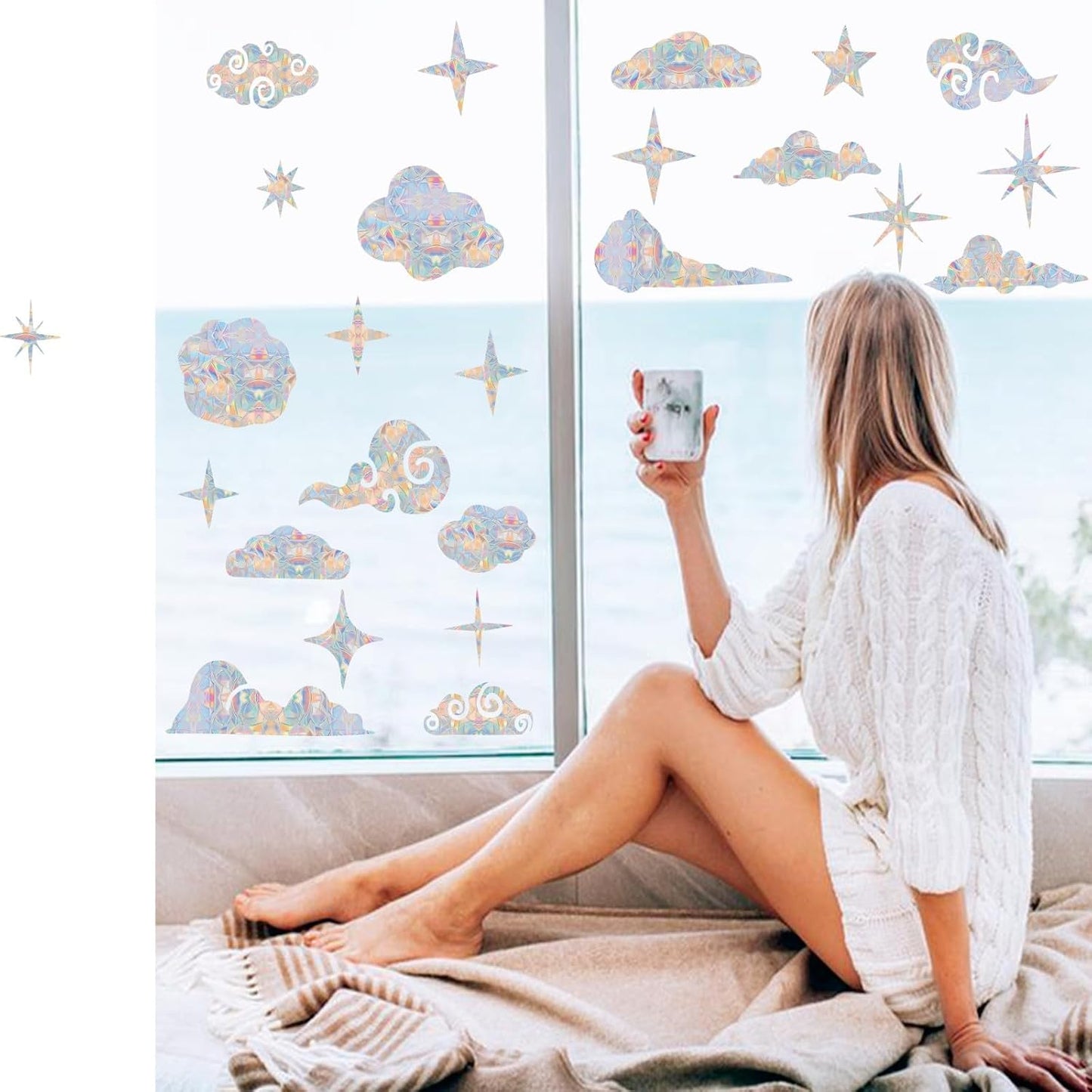 62PCS Cloud and Star Window Decals for Bird Strikes - Anti-Collision Clings to Save Birds from Collisions,Non Adhesive Prismatic Clings, Rainbow Stickers