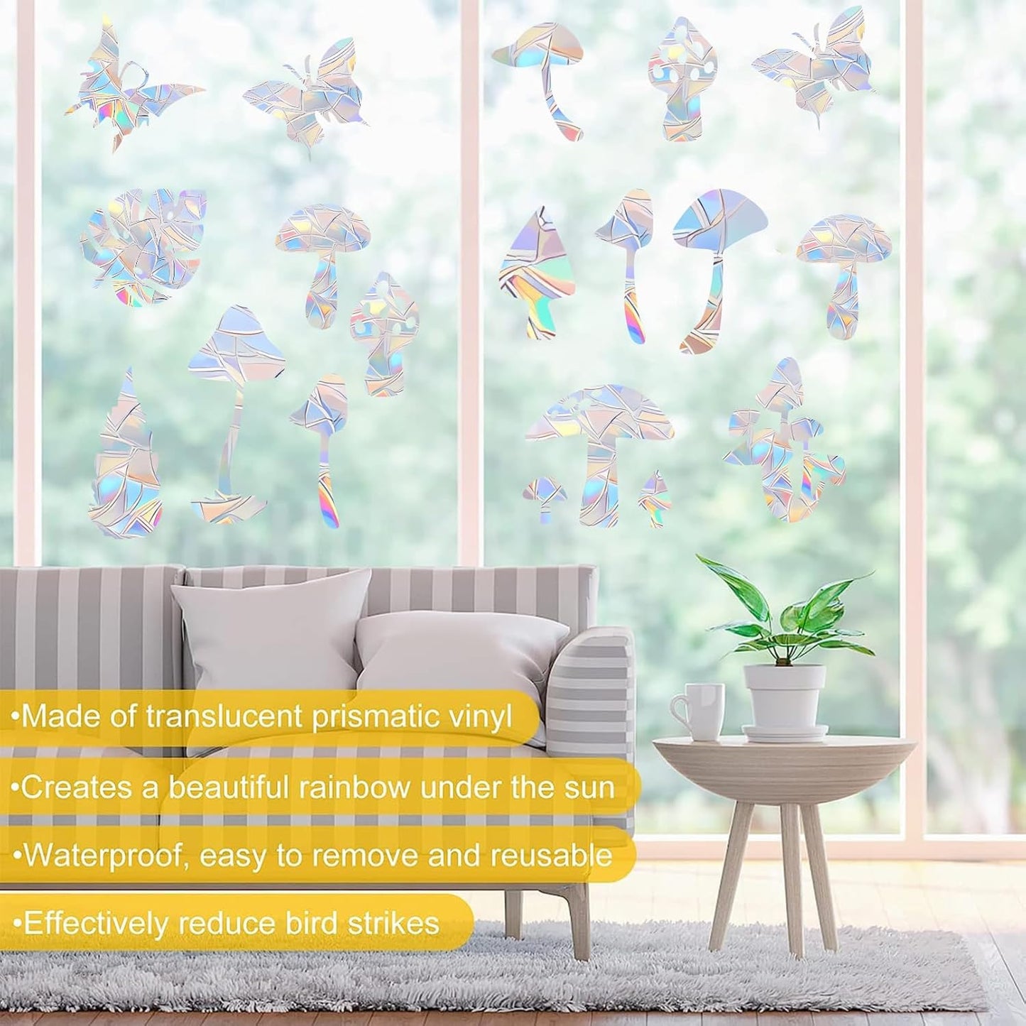 44PCS Mushroom & 3 Leaf Window Clings - Anti-Collision Decals to Save Birds, Non-Adhesive Prismatic Vinyl, Rainbow Stickers (Rainbow 44 Pieces)