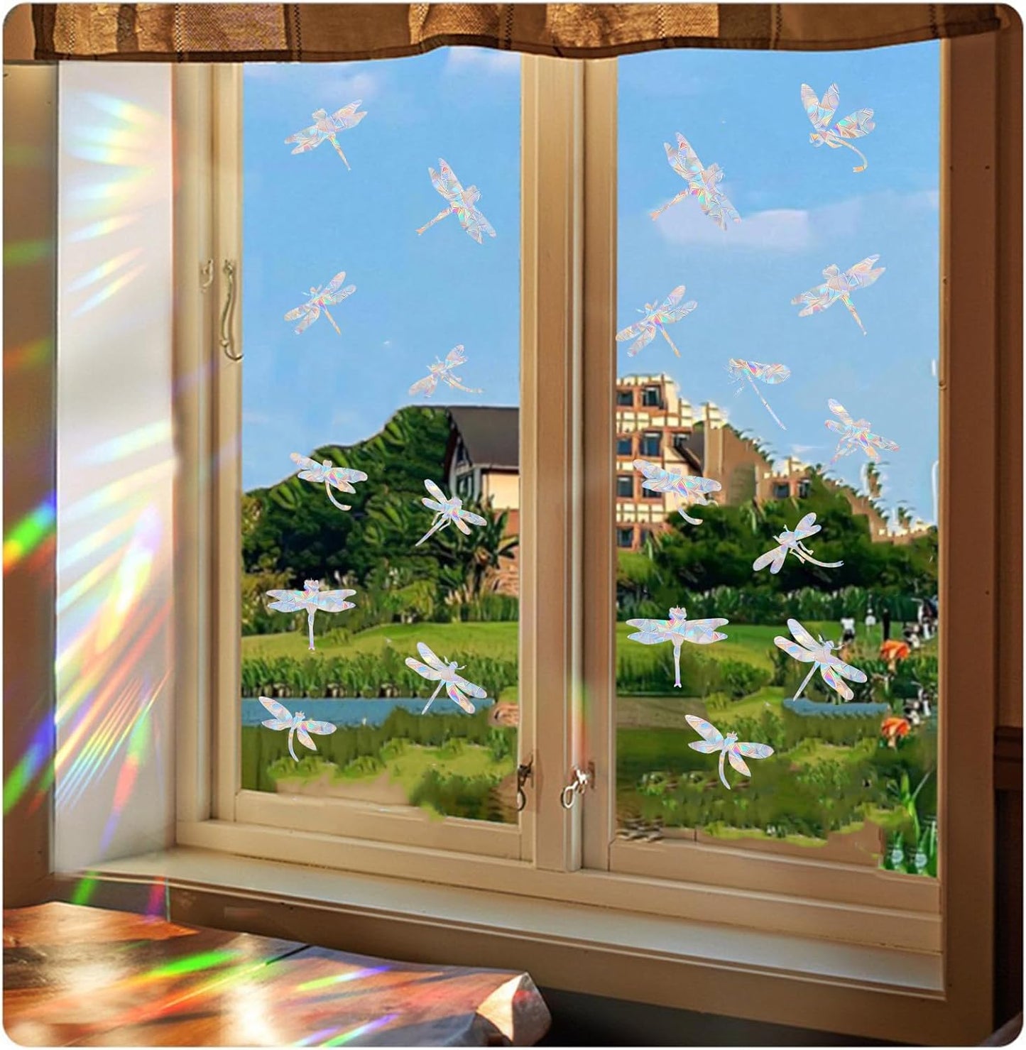 33PCS Dragonfly Window Decals for Bird Strikes - Anti-Collision Window Decals to Save Birds from Collisions,Non Adhesive Reusable Vinyl (Rainbow Stickers)