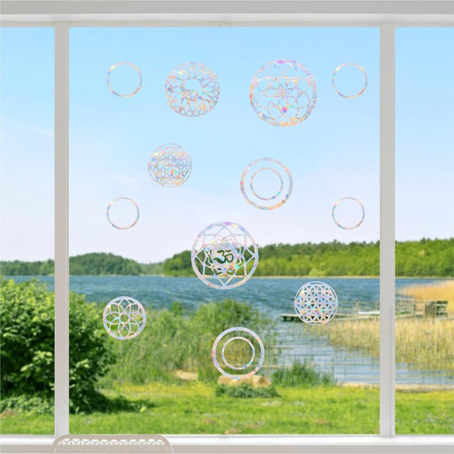 18PCS Mandala Window Clings Anti-Collision Decals to Save Birds from Collisions,Non Adhesive Prismatic Vinyl Window Clings Rainbow Stickers