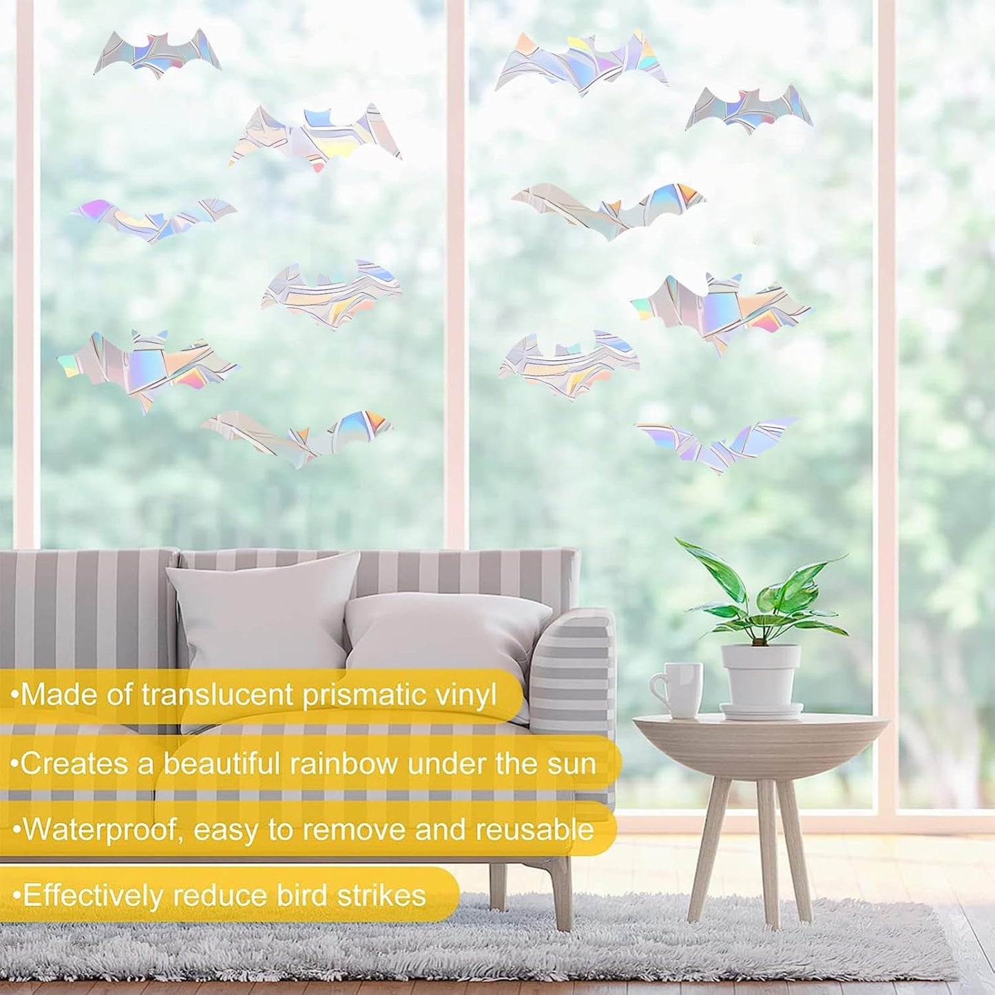 45PCS Bat Window Clings - Anti-Collision Decals to Save Birds From Collisions, Non-Adhesive Prismatic Vinyl Clings (Bat)