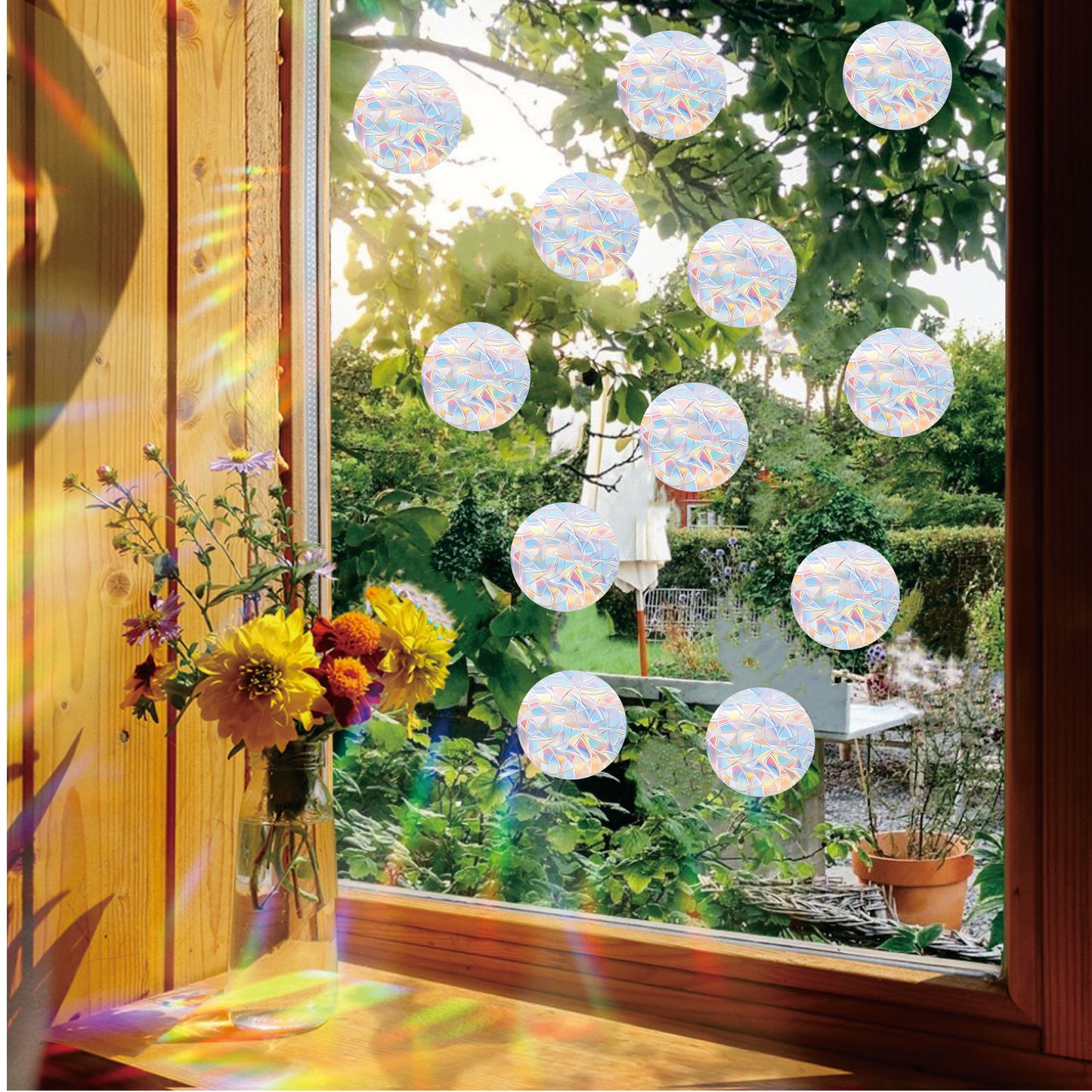 96PCS Circle Window Stickers Window Clings Anti Collision Window Decals to Save Birds from Collisions Non Adhesive Prismatic Vinyl Clings Rainbow Stickers