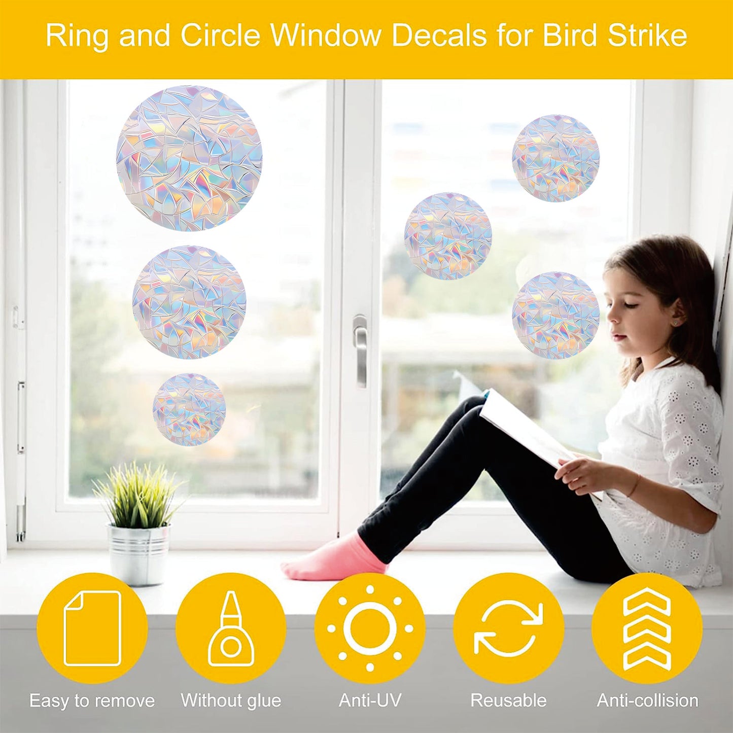 Shawula 36PCS Circle Window Clings - Anti-Collision Window Decals to Save Birds from Window Collisions,Non Adhesive Prismatic Vinyl Window Clings, Rainbow Stickers