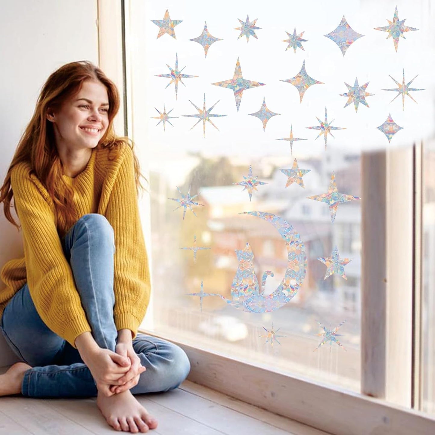 Cat Moon and 54PCS Star Window Clings - Anti-Collision Decals to Save Birds, Non-Adhesive Prismatic Vinyl Clings (Rainbow Stickers)