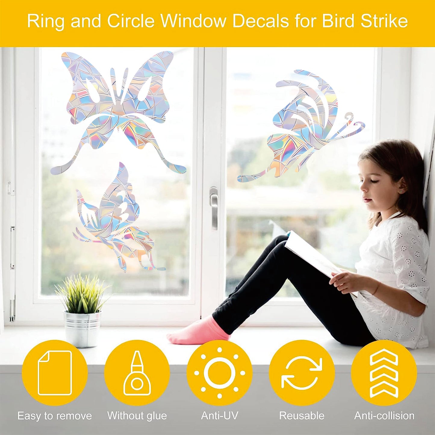 Shawula 36PCS Butterfly Window Clings - Anti-Collision Window Decals to Save Birds from Window Collisions,Non Adhesive Prismatic Vinyl Window Clings, Rainbow Stickers