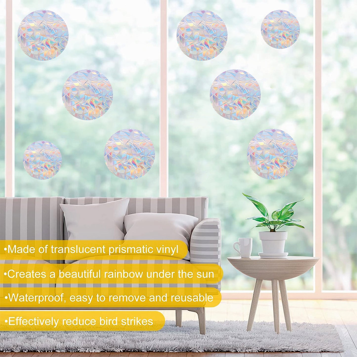 36PCS Circle Window Clings - Anti-Collision Window Decals to Save Birds from Window Collisions,Non Adhesive Prismatic Vinyl Window Clings, Rainbow Stickers