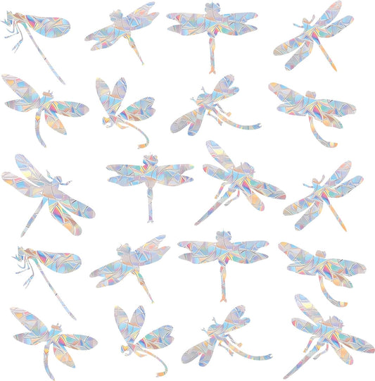 33PCS Dragonfly Window Decals for Bird Strikes - Anti-Collision Window Decals to Save Birds from Collisions,Non Adhesive Reusable Vinyl (Rainbow Stickers)
