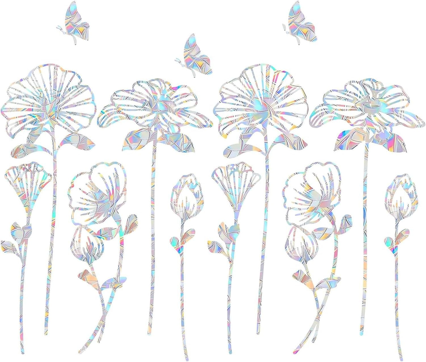 30PCS Flower Window Clings - Anti-Collision Decals to Save Birds from Collisions,Non Adhesive Prismatic Vinyl Window Clings, Rainbow Stickers