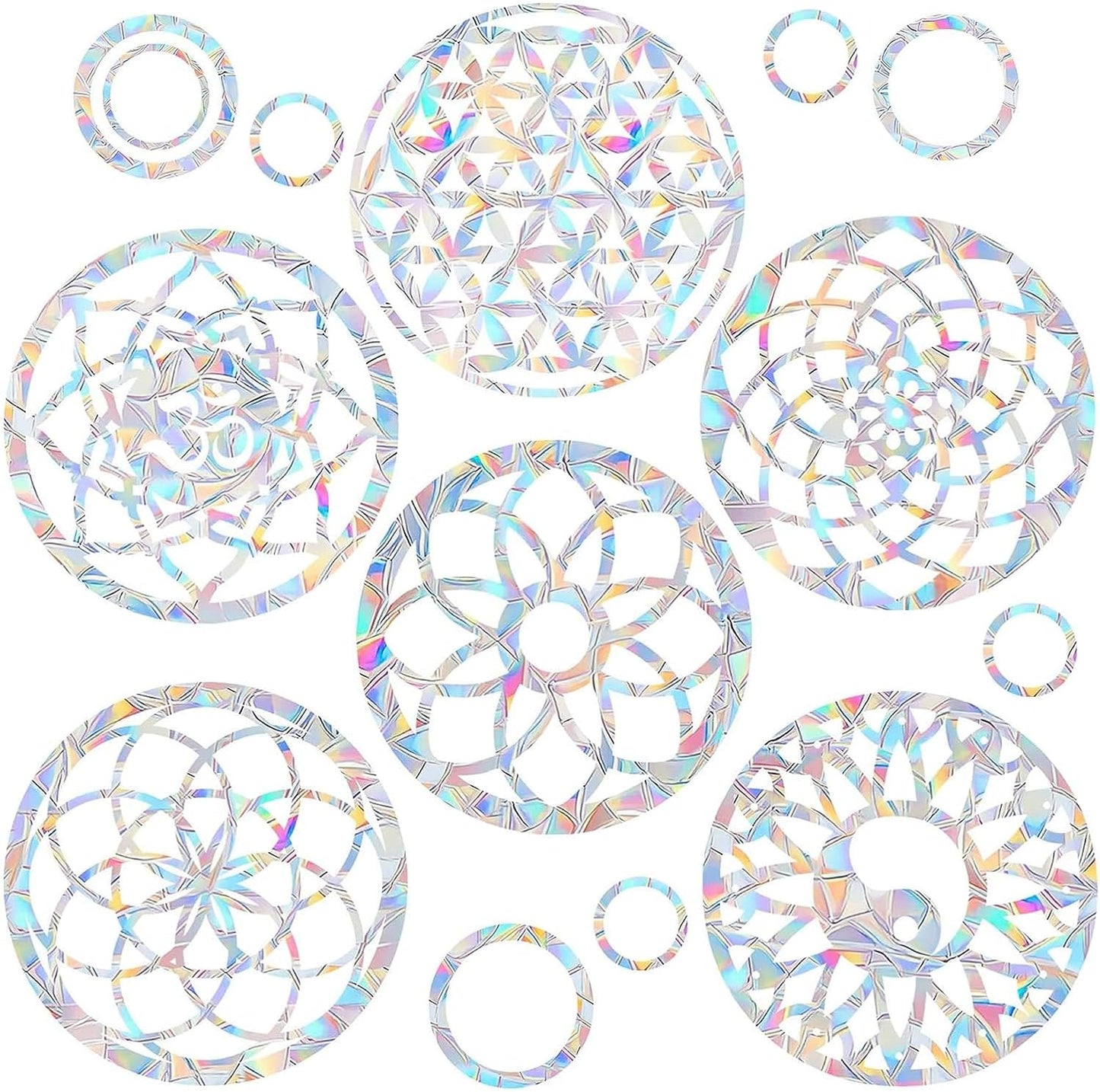 18PCS Mandala Window Clings Anti-Collision Decals to Save Birds from Collisions,Non Adhesive Prismatic Vinyl Window Clings Rainbow Stickers