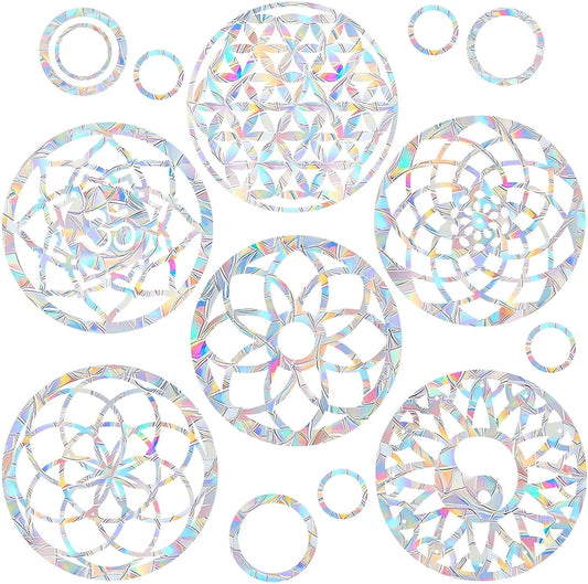 18PCS Mandala Window Clings Anti-Collision Decals to Save Birds from Collisions,Non Adhesive Prismatic Vinyl Window Clings Rainbow Stickers