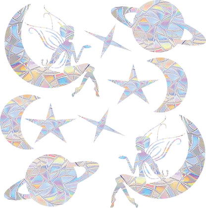 Shawula 30PCS Fairy Star Moon Window Clings - Anti-Collision Window Decals to Save Birds from Window Collisions,Non Adhesive Prismatic Vinyl Window Clings, Rainbow Stickers (Rainbow 30PCS Fairy Star Moon Window)