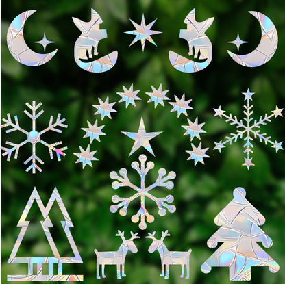 Shawula 60PCS Christmas Snowflake Window Clings - Anti-Collision Window Decals to Save Birds from Window Collisions,Non Adhesive Prismatic Vinyl Window Clings, Rainbow Stickers