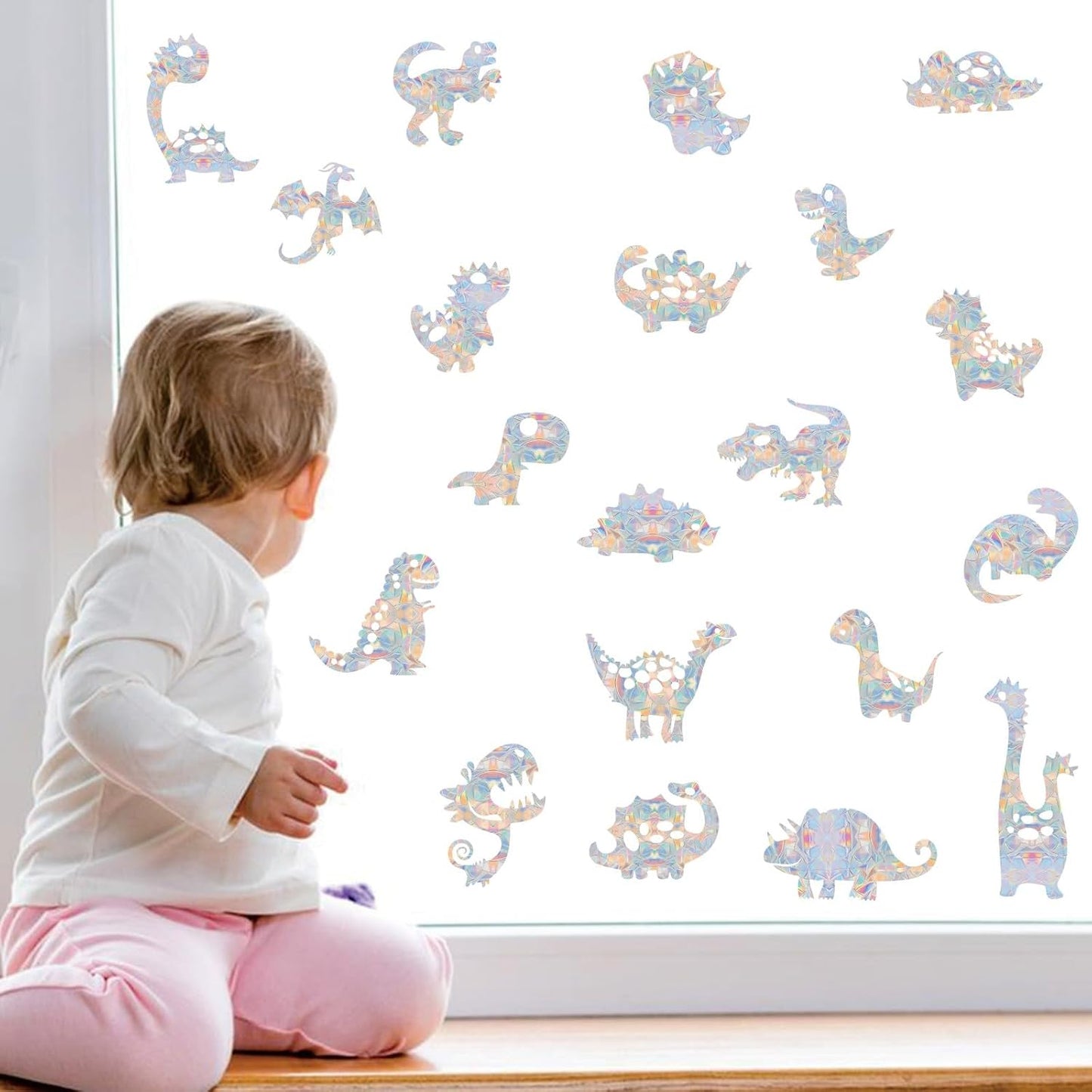 40PCS Dinosaur Window Clings - Crash Proof Decals Protect Birds, Non-Adhesive Prism Vinyl Clings, Rainbow Sticker